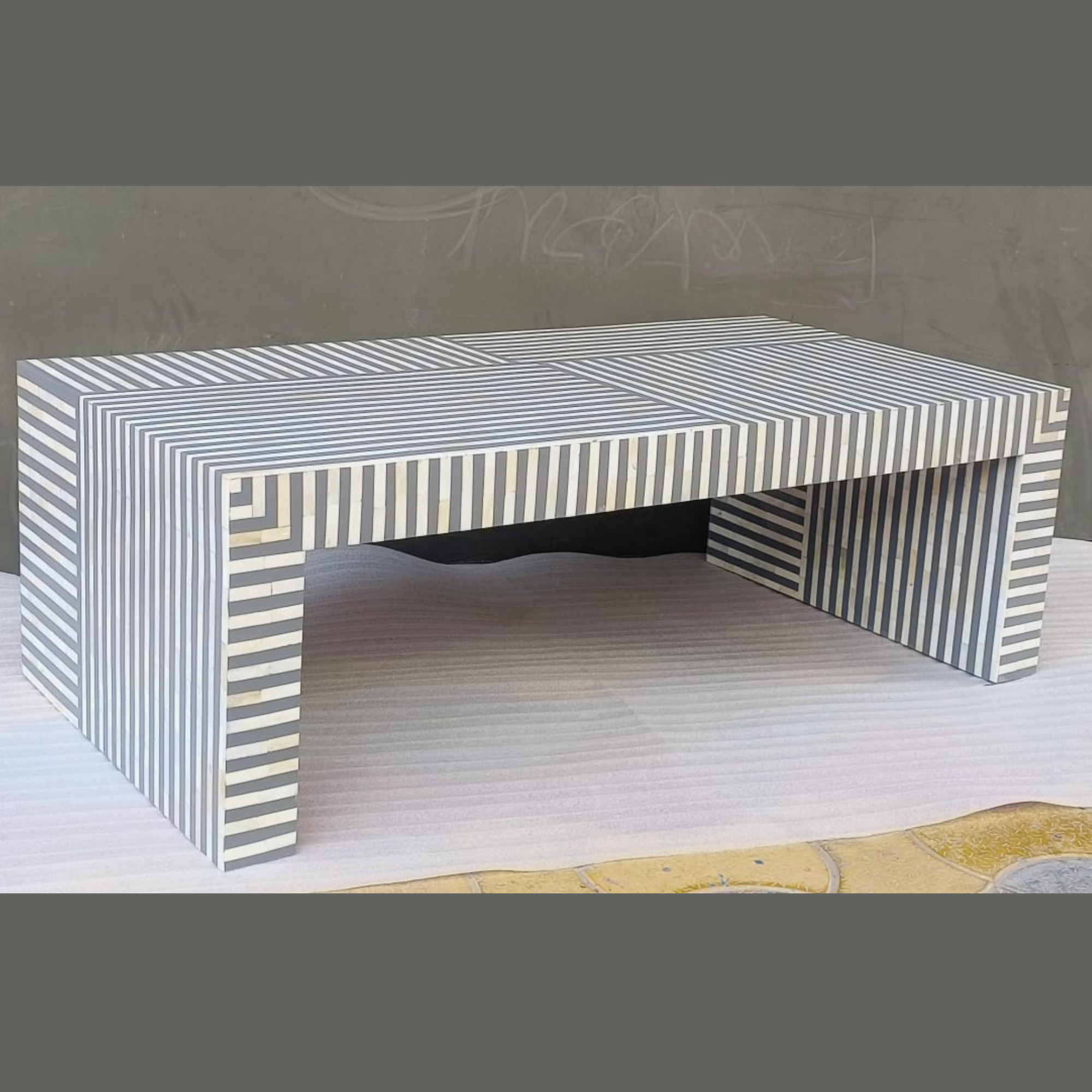 Modern Black & White Striped Bone Inlay Coffee Table | Handmade Geometric Center Table