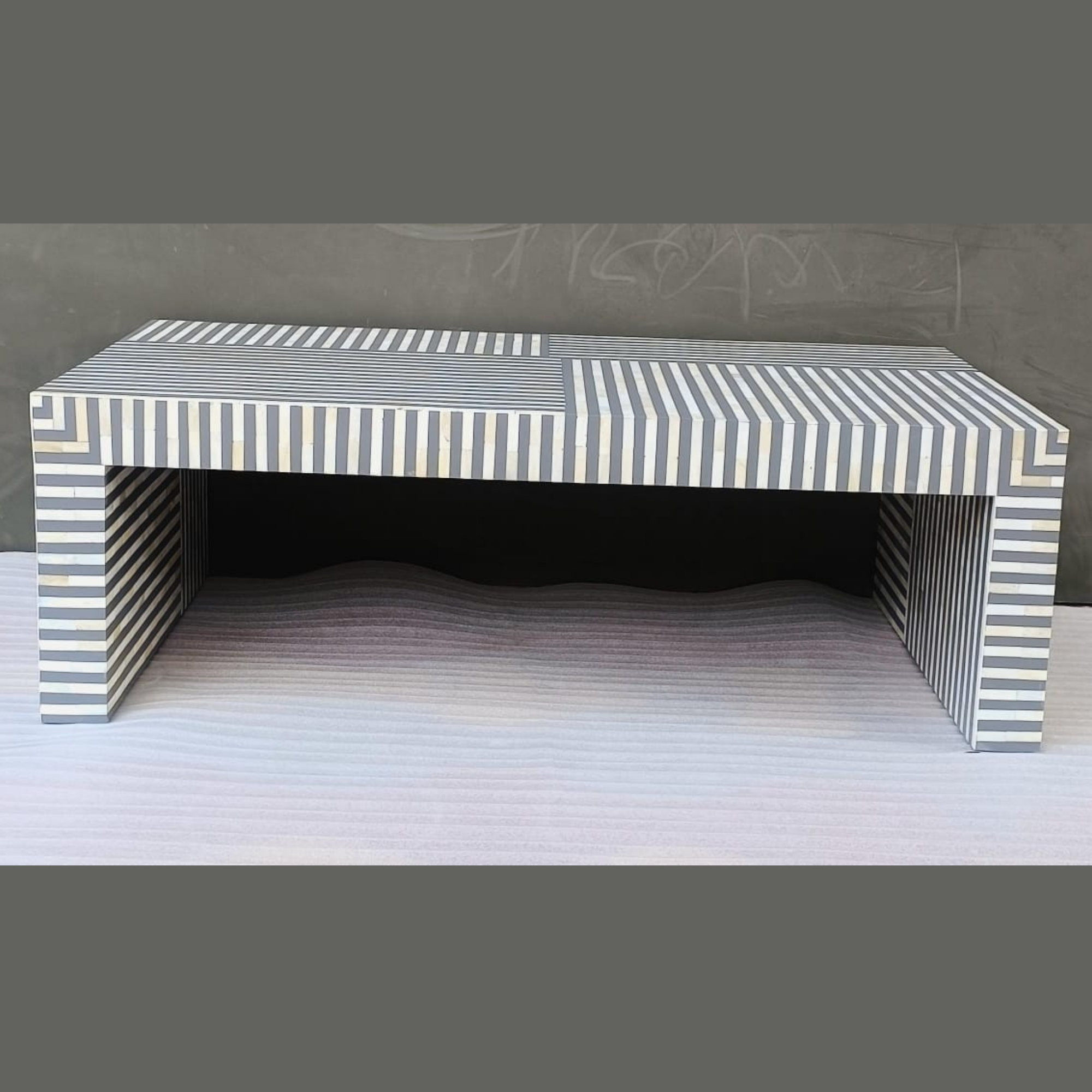 Modern Black & White Striped Bone Inlay Coffee Table | Handmade Geometric Center Table