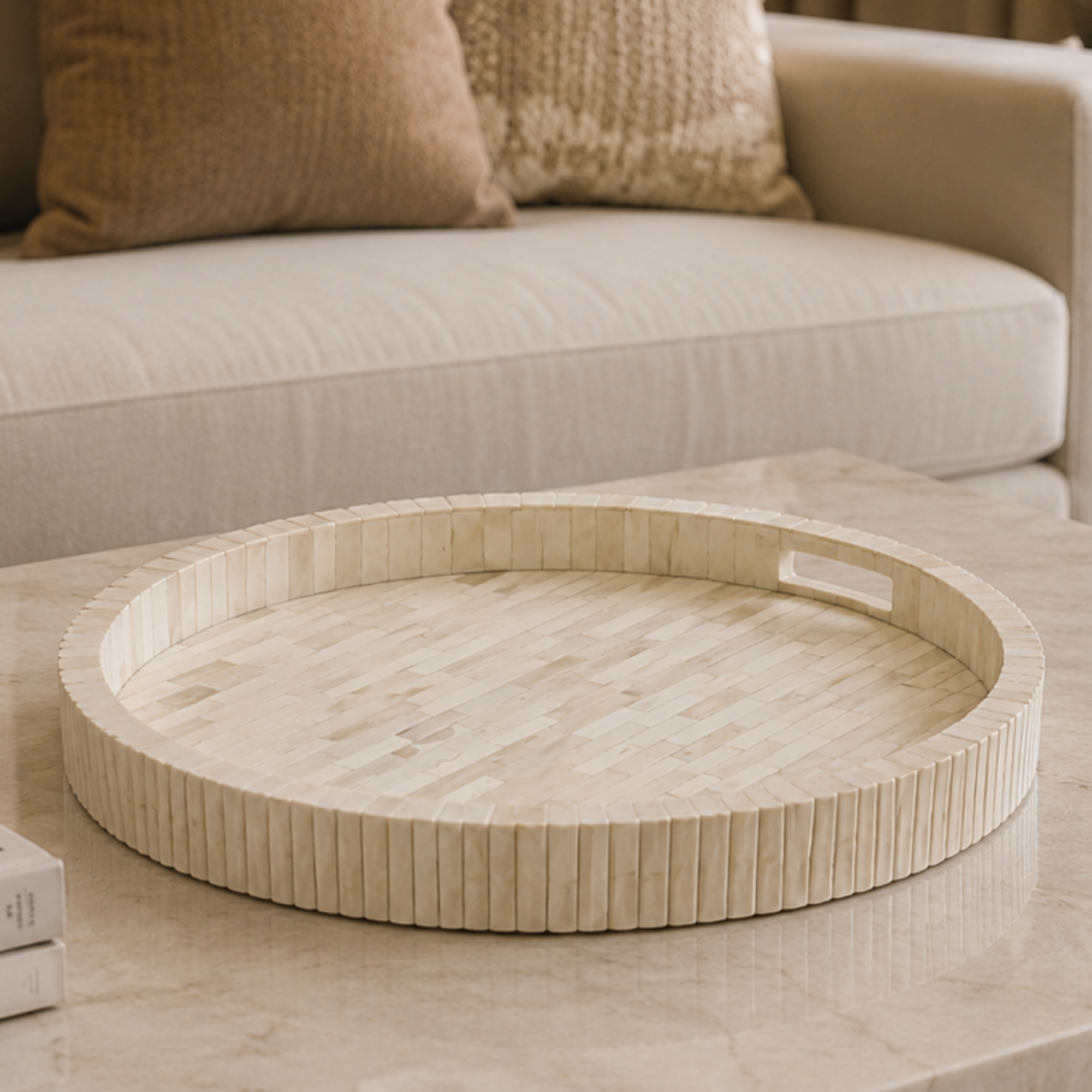 Round White Bone Inlay Decorative Tray | Handmade Serving & Coffee Table Tray