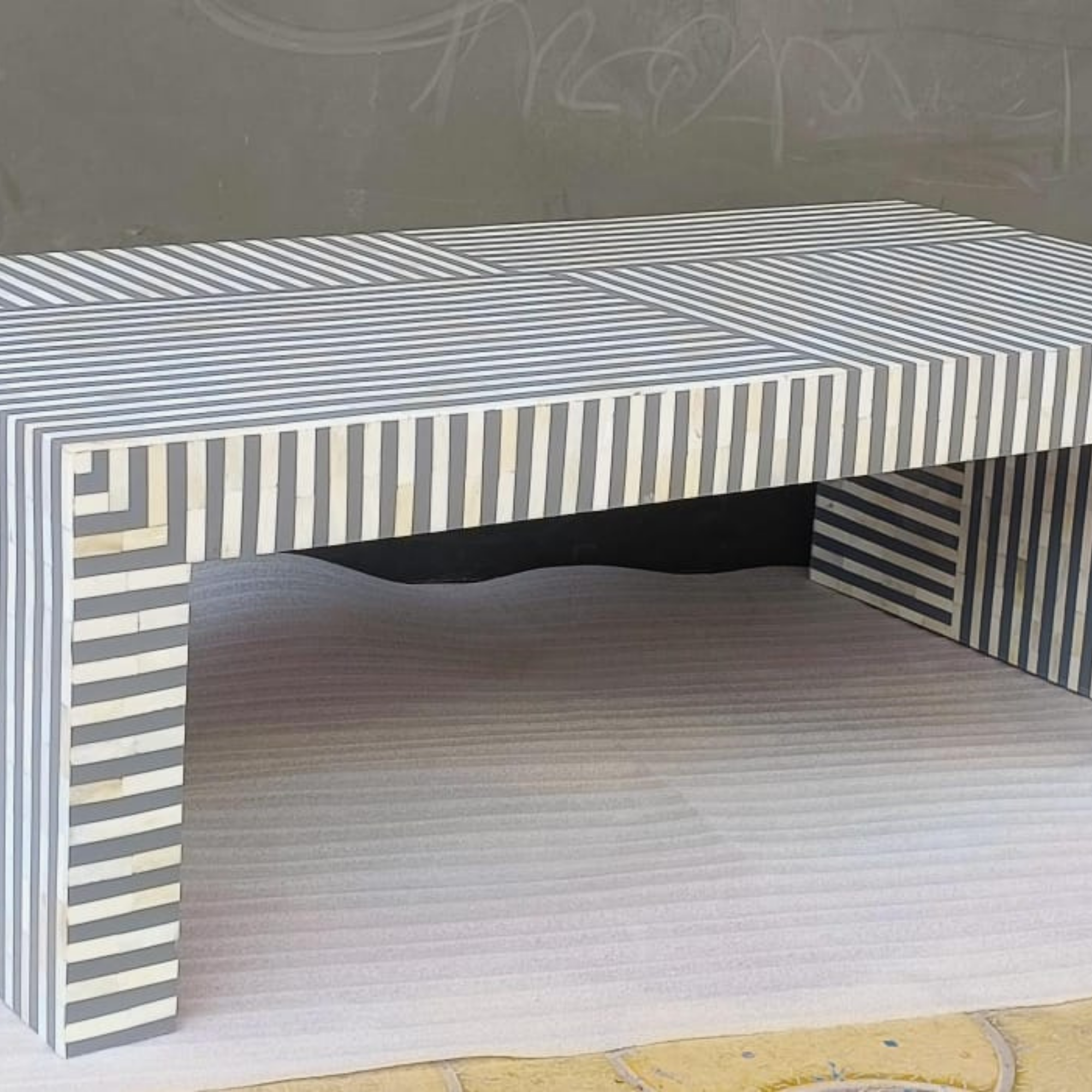 Modern Black & White Striped Bone Inlay Coffee Table | Handmade Geometric Center Table
