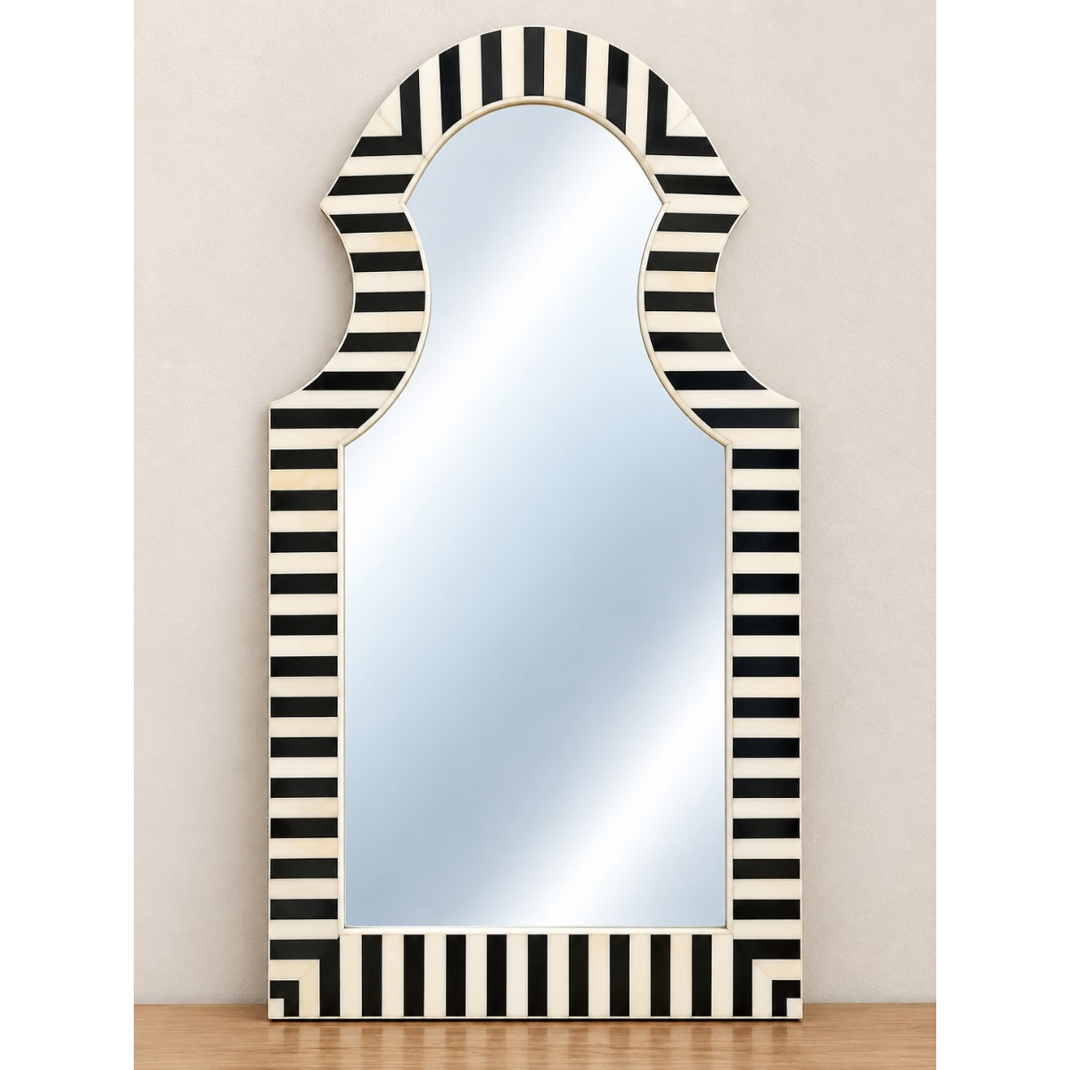 Handmade Black & White Striped Bone Inlay Arch Mirror – Statement Wall Mirror