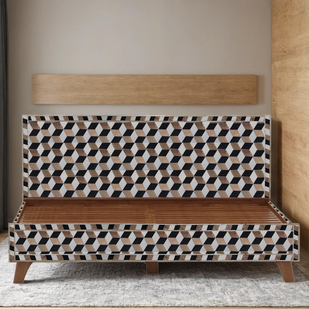 Geometric Bone Inlay Bed Cube Pattern Wood Inlay Bed Frame Handmade Luxury Platform Bed Modern Designer Bedroom Furniture