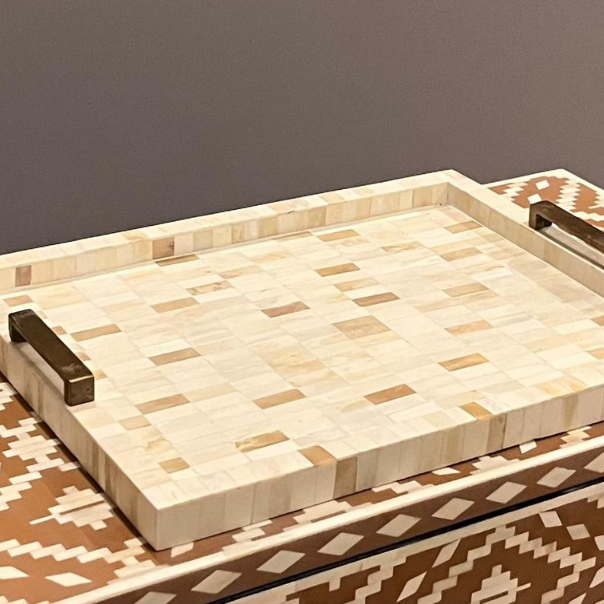 Handmade Natural Bone Inlay Serving Tray with Metal Handles