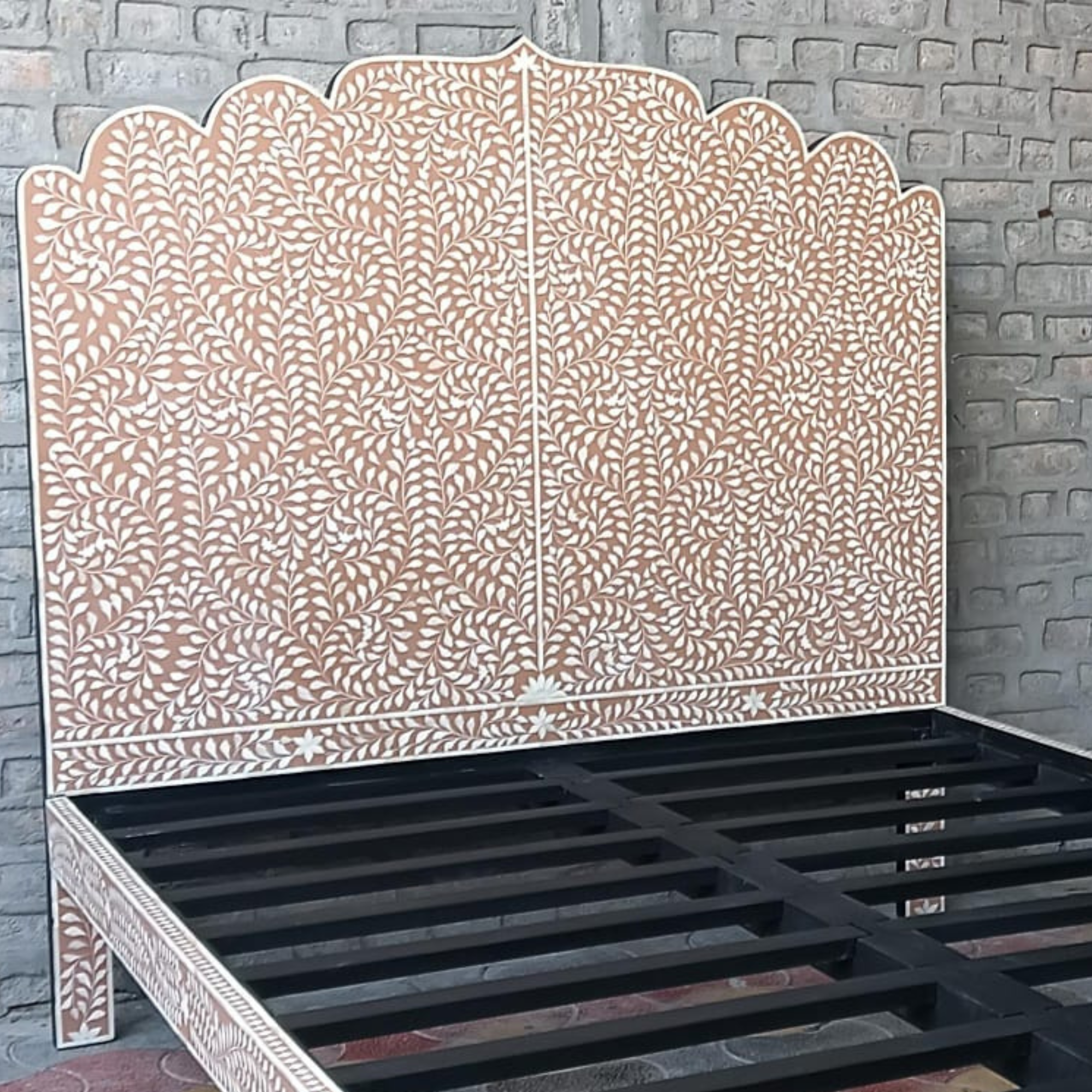 Blush Pink Mother of Pearl Inlay Bed – Floral Scalloped Platform Bed Frame