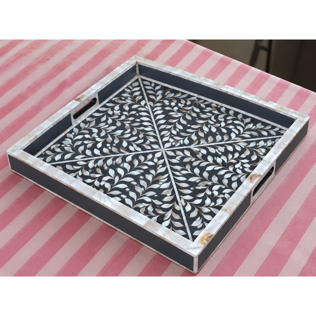 Handmade black Mother of Pearl inlay rectangular serving tray with floral leaf pattern and side handles