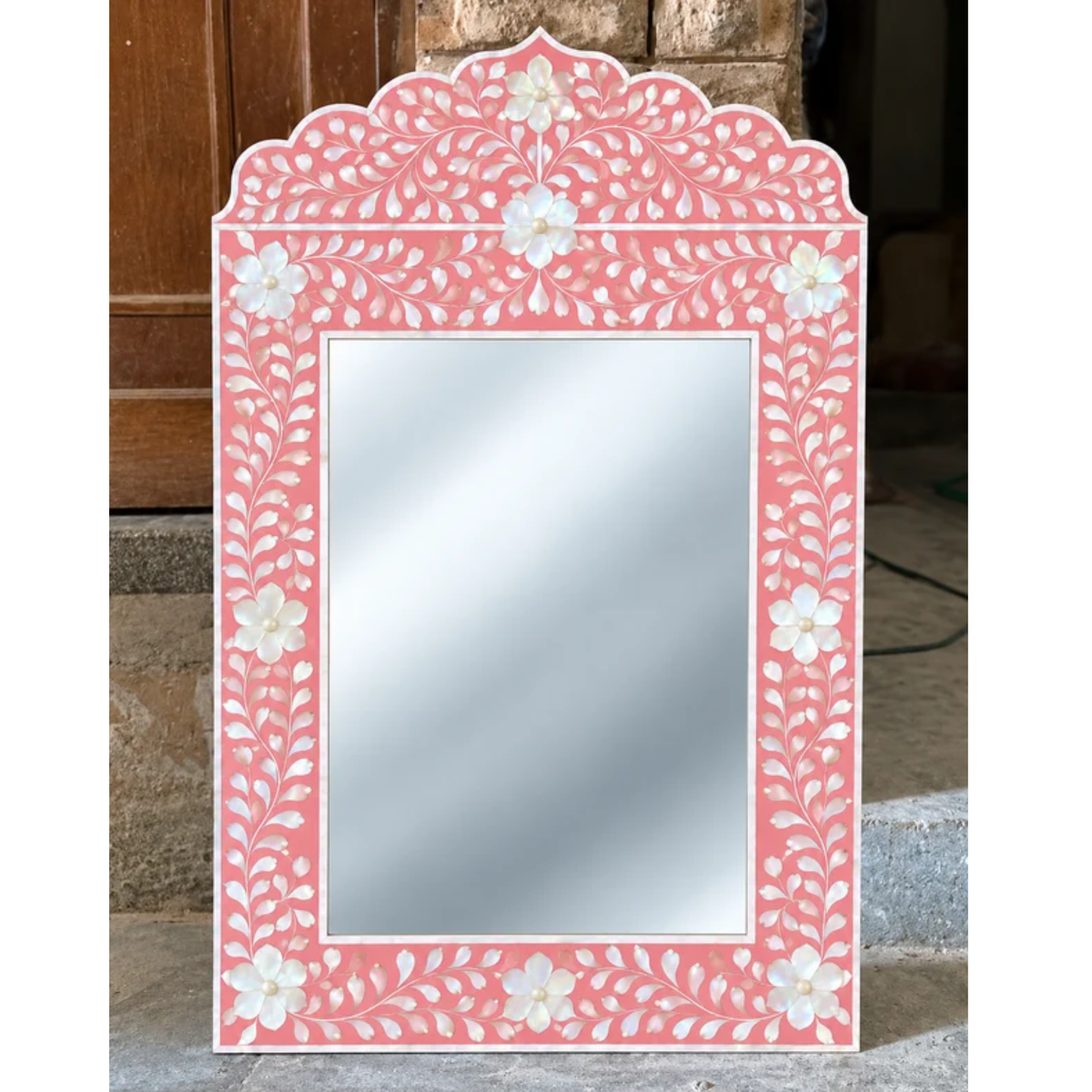 Pink Mother of Pearl Inlay Mirror – Handmade Floral Crown Wall Mirror
