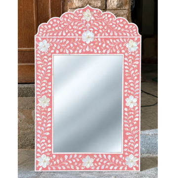 Pink Mother of Pearl Inlay Mirror – Handmade Floral Crown Wall Mirror