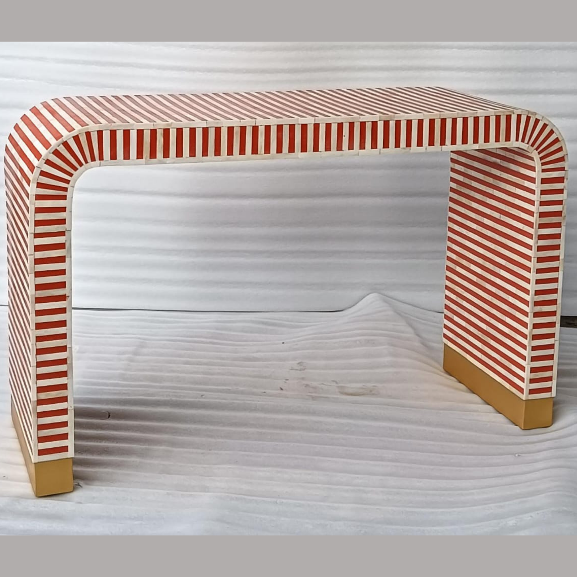 Orange Striped Bone Inlay Waterfall Console Table | Handmade Modern Entryway Console