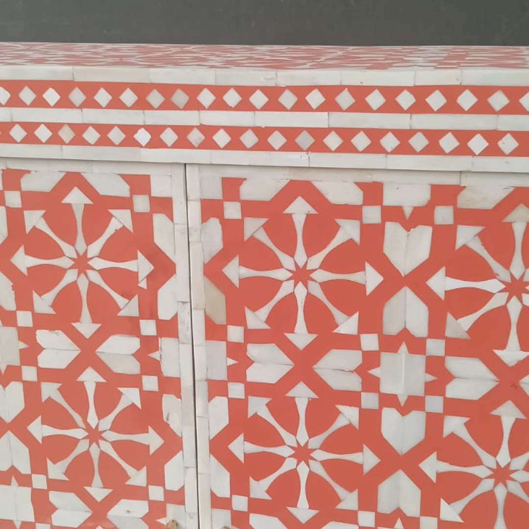 Handmade Bone Inlay Arrow Design Sideboard – Coral White Buffet Cabinet, Luxury Storage Credenza, Artisan Inlay Furniture