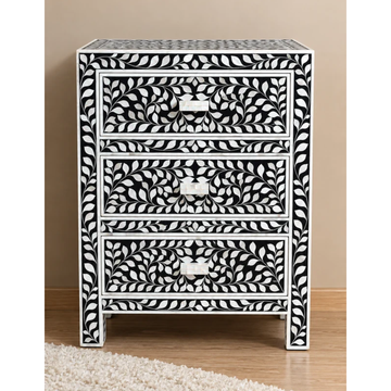 Black Mother of Pearl Inlay Bedside Table – Handmade Floral 3 Drawer Nightstand
