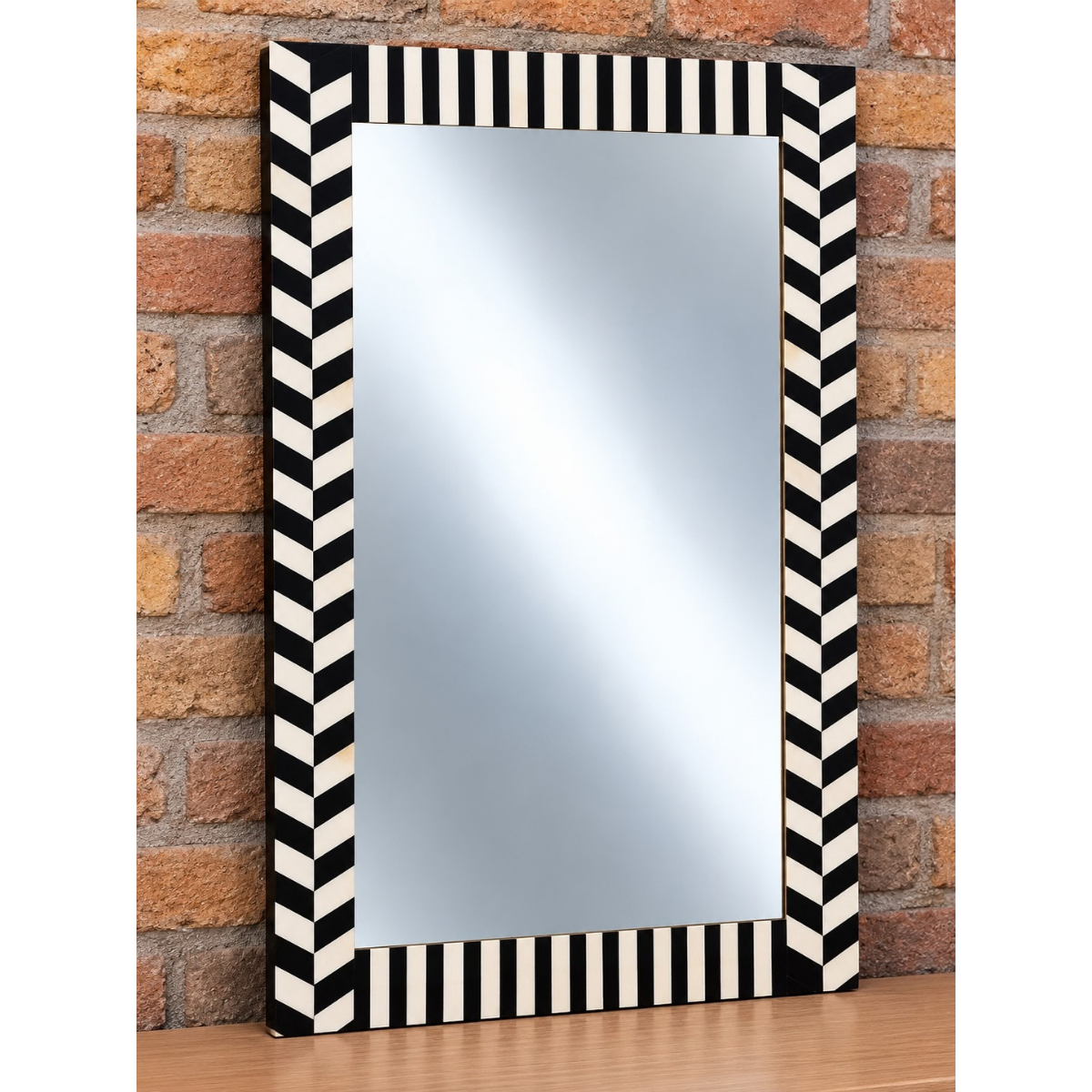 Handmade Black & White Bone Inlay Rectangular Mirror – Chevron & Stripe Design