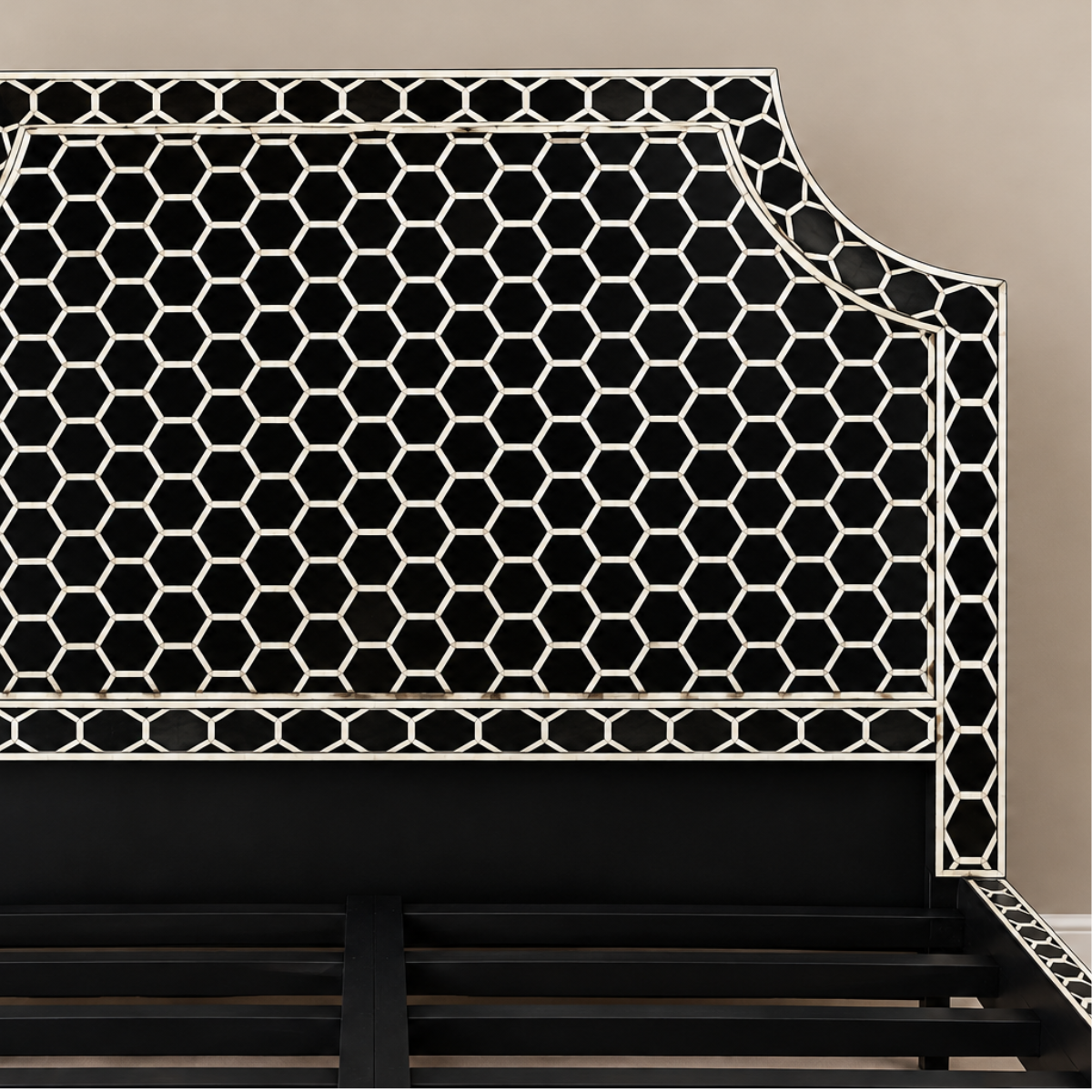 Handmade Black & White Bone Inlay Bed – Honeycomb Geometric Platform Bed