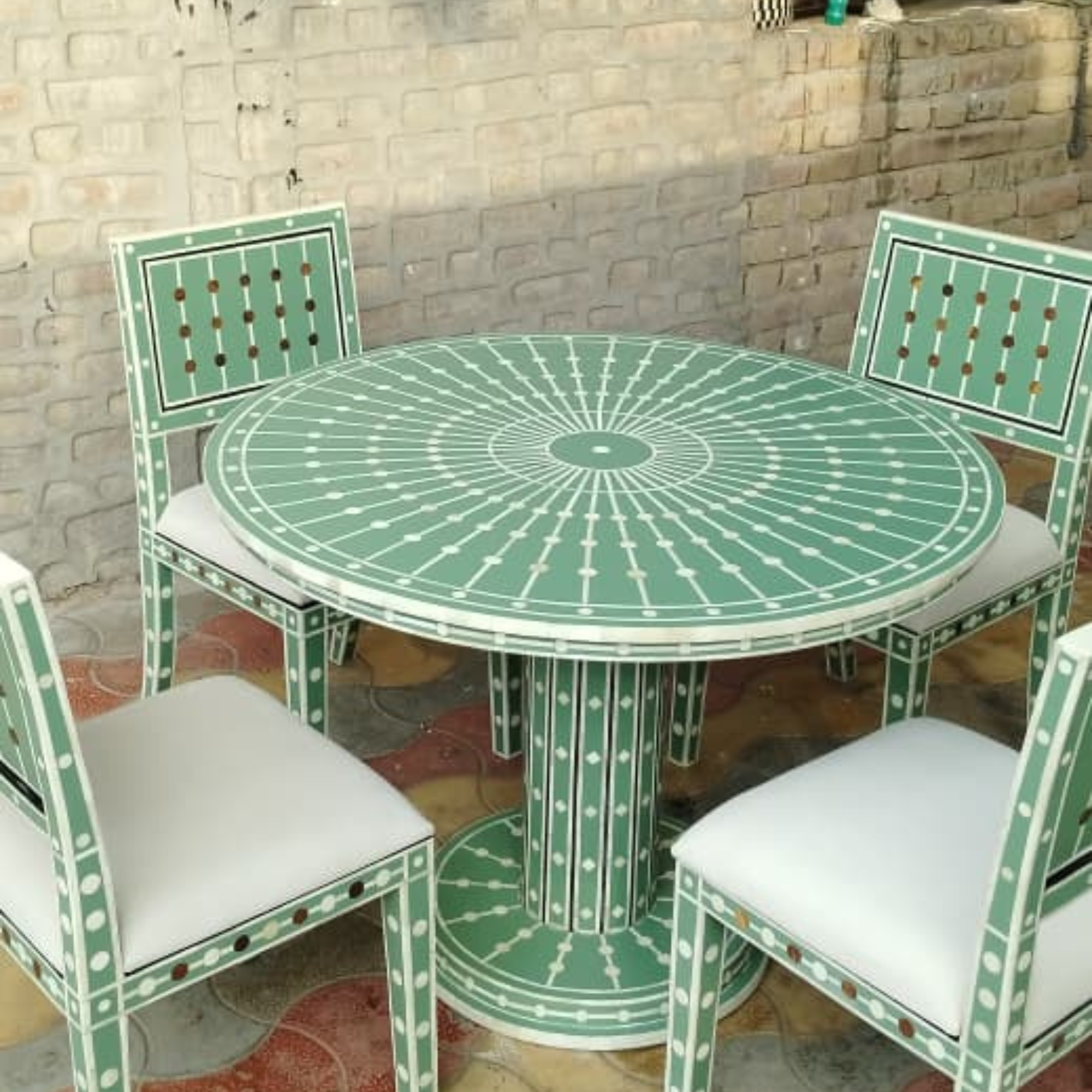 Bone Inlay Dining Table Handmade Luxury Dining Table Geometric Floral Inlay Table Wooden Dining Furniture Boho Chic Home