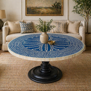 Handmade Bone Inlay Floral Dining Table – Blue Round Inlay Table, Luxury Resin Inlay Furniture, Artisan Crafted Dining Table