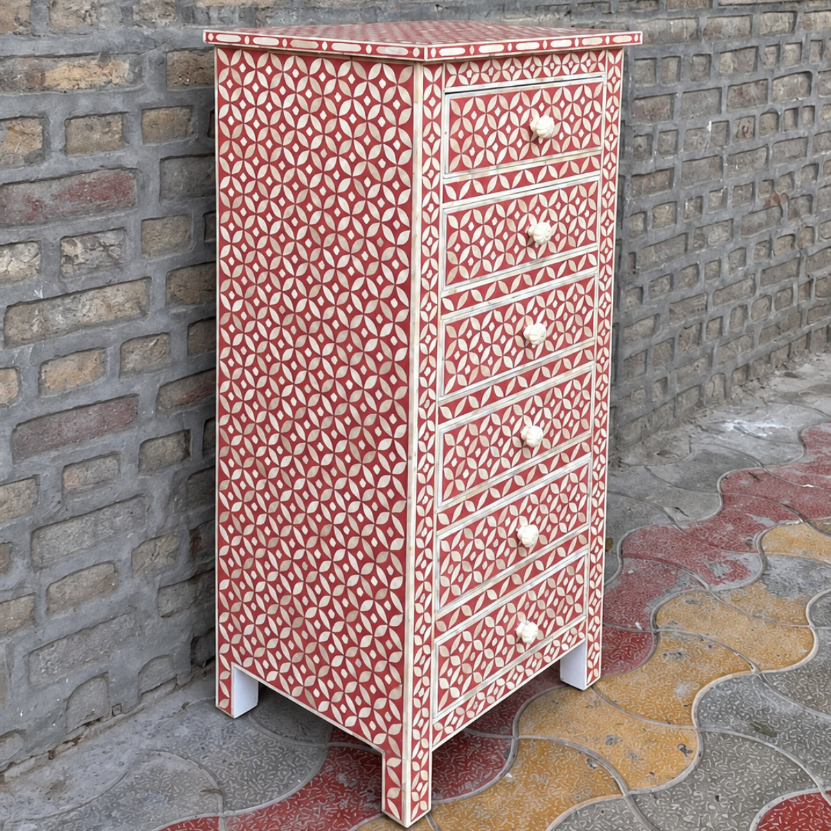 Handmade Red Bone Inlay 6 Drawer Tallboy Chest – Geometric Design