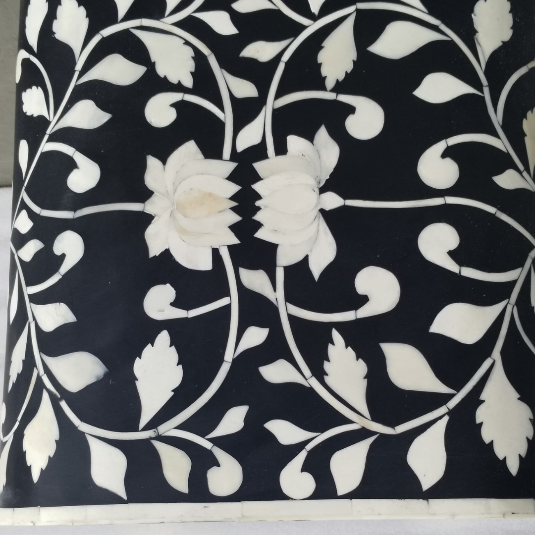 Black Bone Inlay Side Table – Handmade Floral Accent Stool