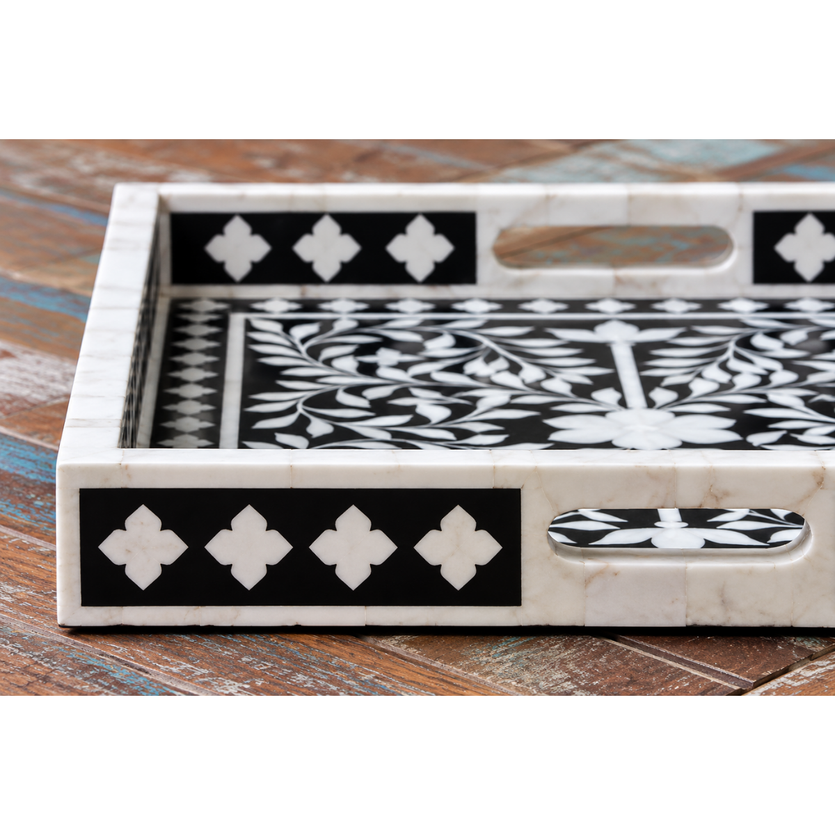 Handmade Black & White Bone Inlay Serving Tray – Floral Design with Handles