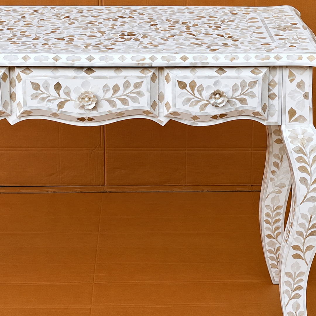White Mother of Pearl Inlay Console Table with 3 Drawers – Handmade Floral Curved Leg Table