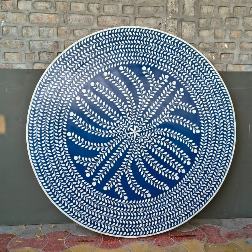 Handmade Bone Inlay Floral Dining Table – Blue Round Inlay Table, Luxury Resin Inlay Furniture, Artisan Crafted Dining Table