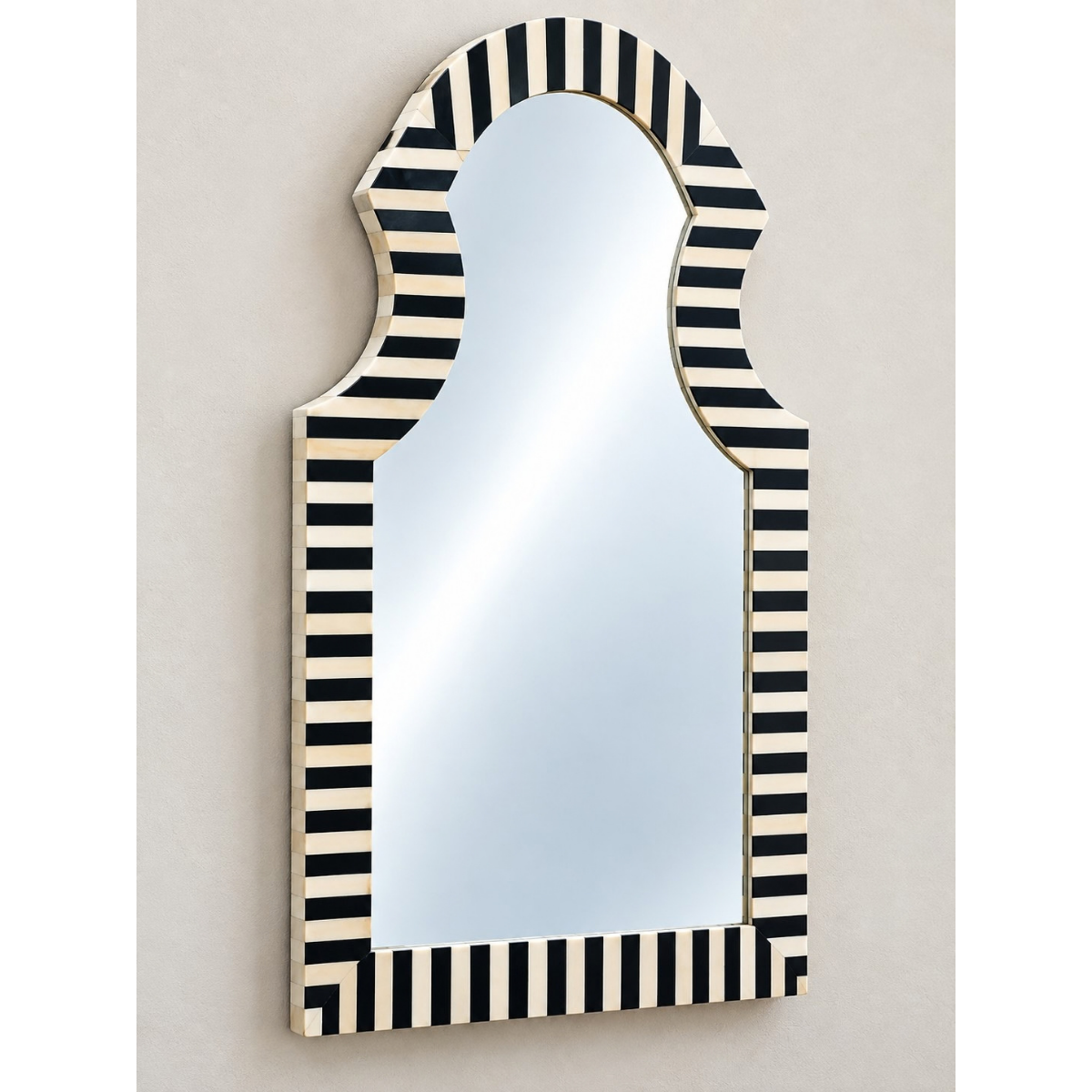 Handmade Black & White Striped Bone Inlay Arch Mirror – Statement Wall Mirror