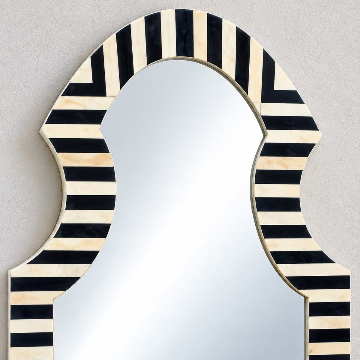 Handmade Black & White Striped Bone Inlay Arch Mirror – Statement Wall Mirror