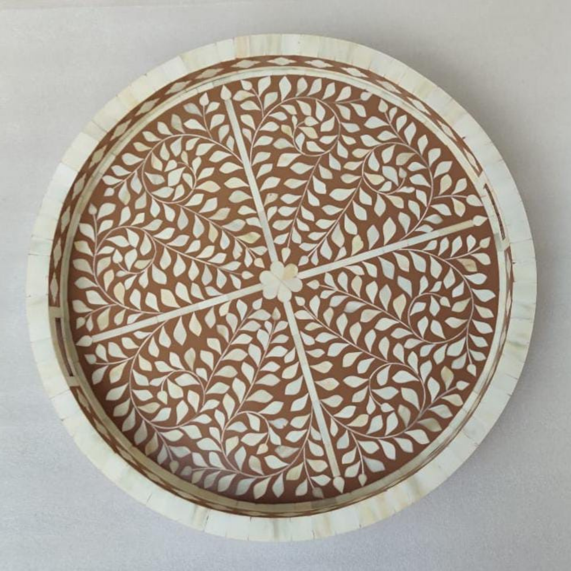 Handmade Bone Inlay Floral Design Serving Tray | Round Decorative Tray