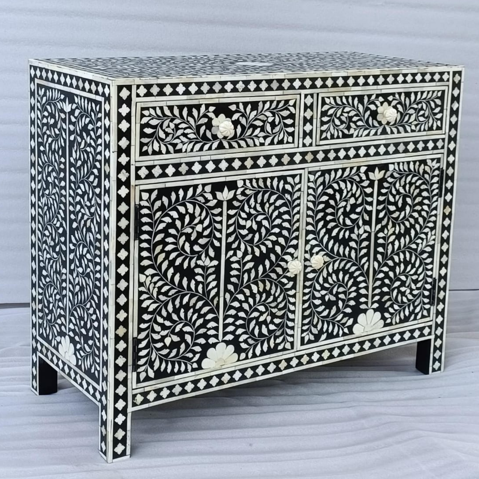 Handmade Black Floral Bone Inlay Sideboard Cabinet | Luxury Wooden Buffet Storage Cabinet