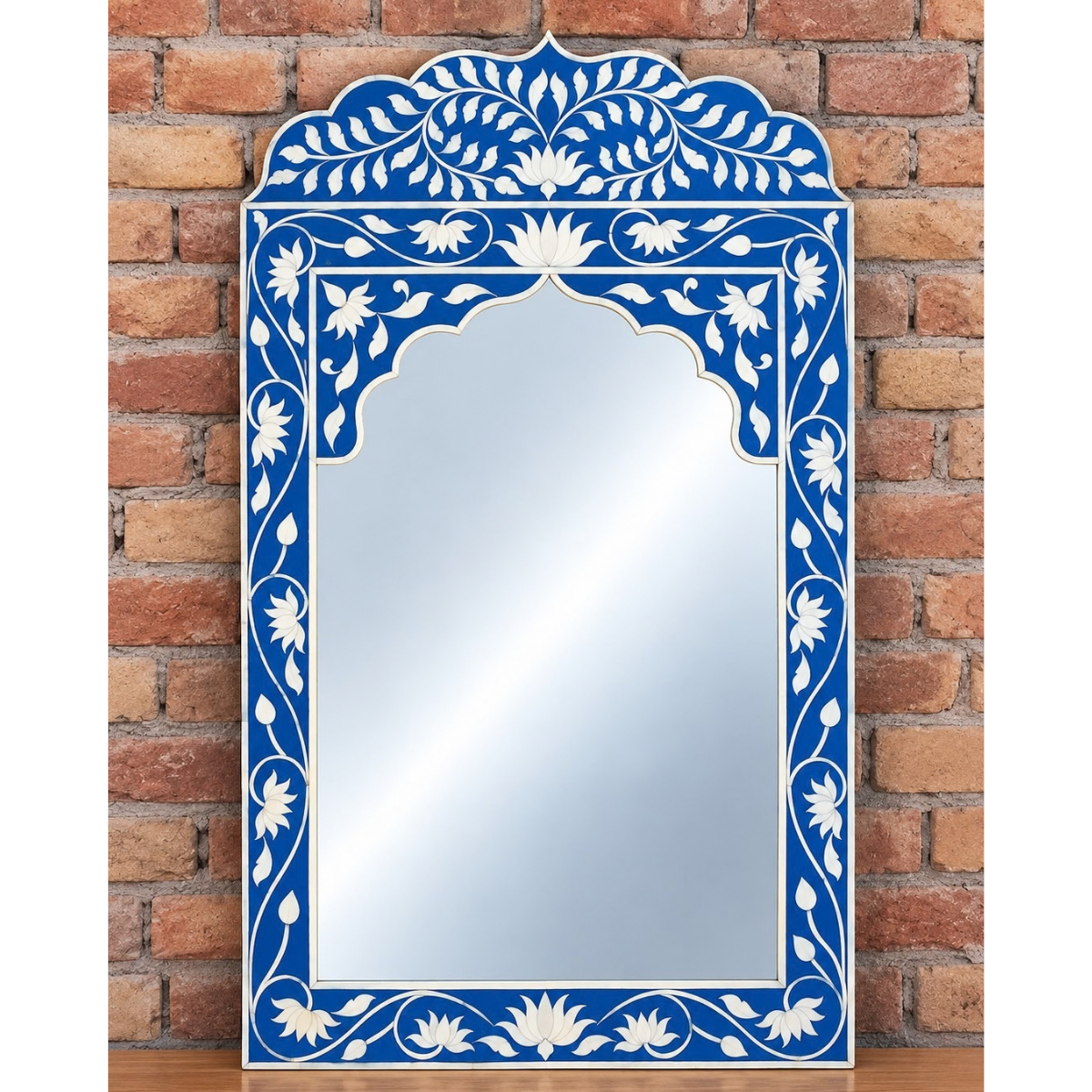 Handmade Blue Floral Bone Inlay Arch Mirror – Lotus Design Statement Wall Mirror