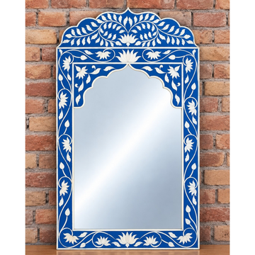 Handmade Blue Floral Bone Inlay Arch Mirror – Lotus Design Statement Wall Mirror