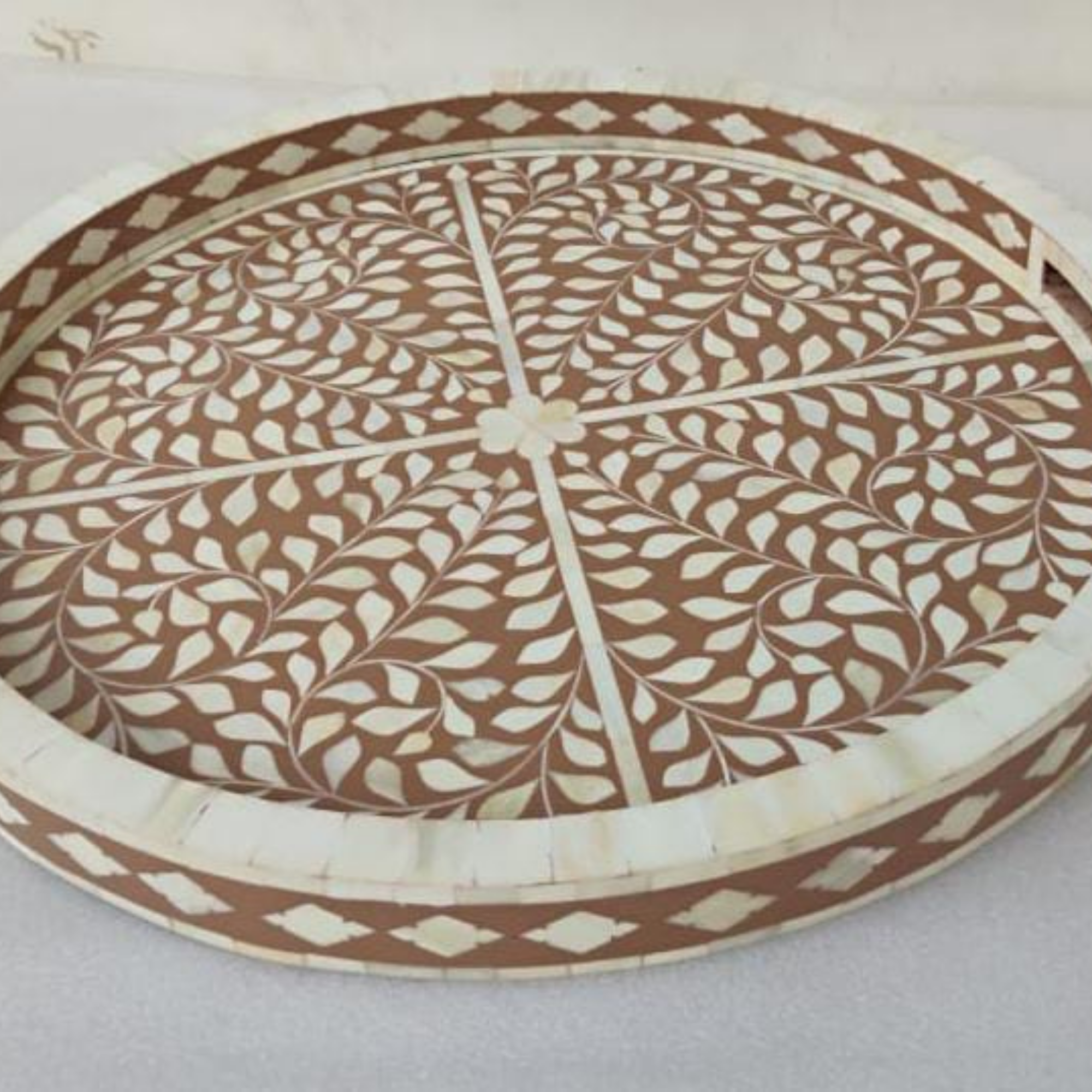 Handmade Bone Inlay Floral Design Serving Tray | Round Decorative Tray