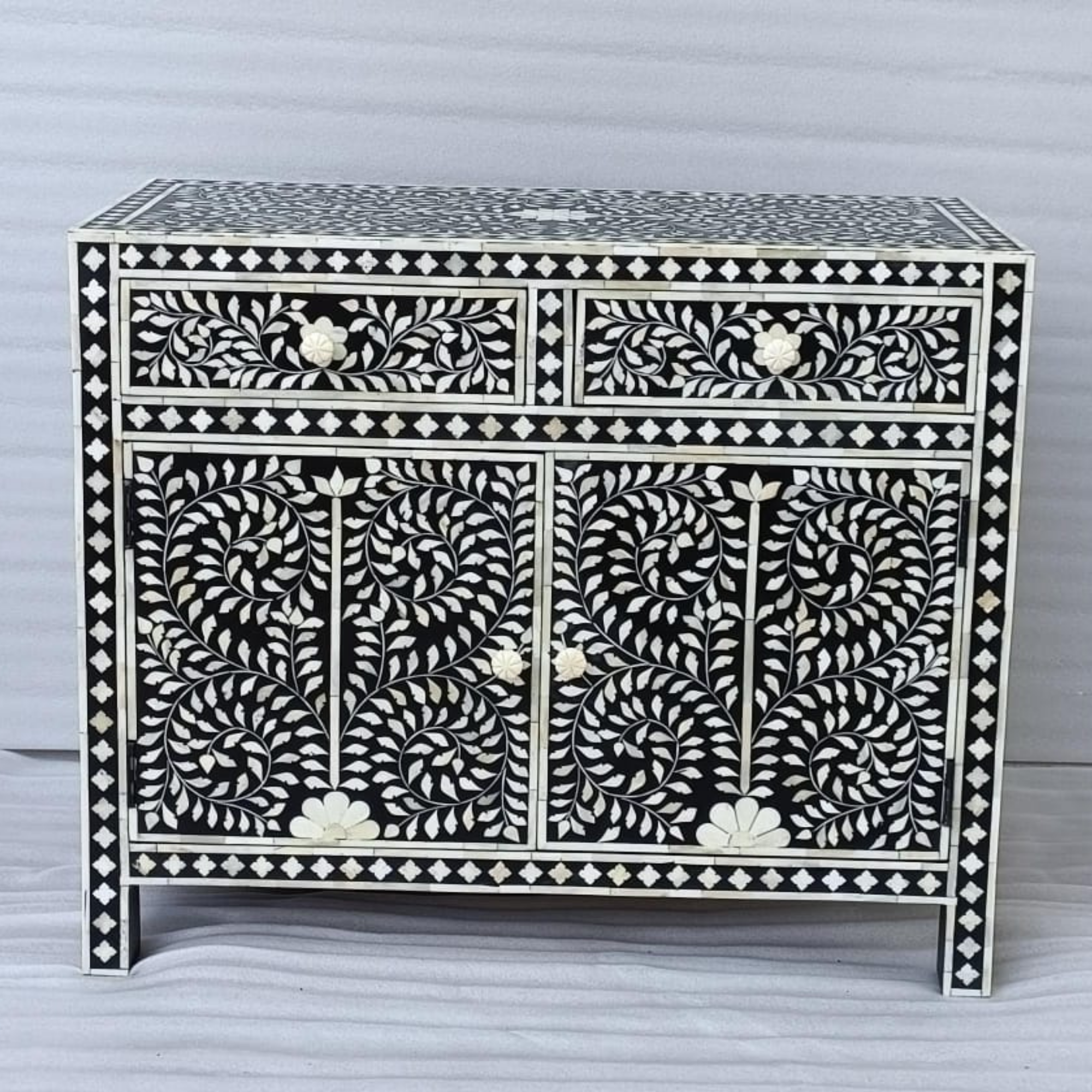 Handmade Black Floral Bone Inlay Sideboard Cabinet | Luxury Wooden Buffet Storage Cabinet