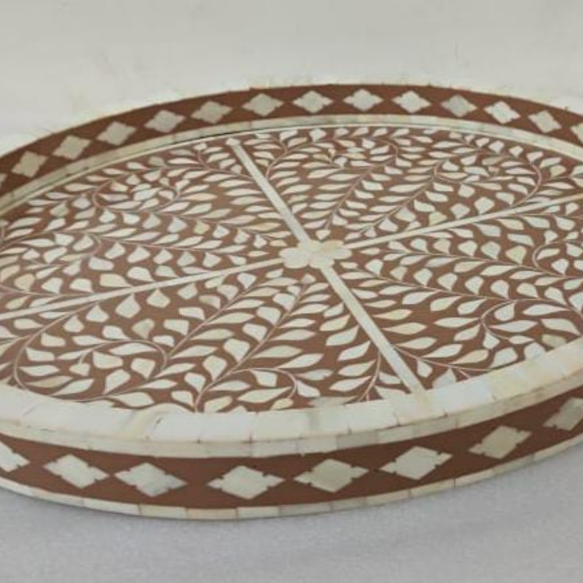 Handmade Bone Inlay Floral Design Serving Tray | Round Decorative Tray