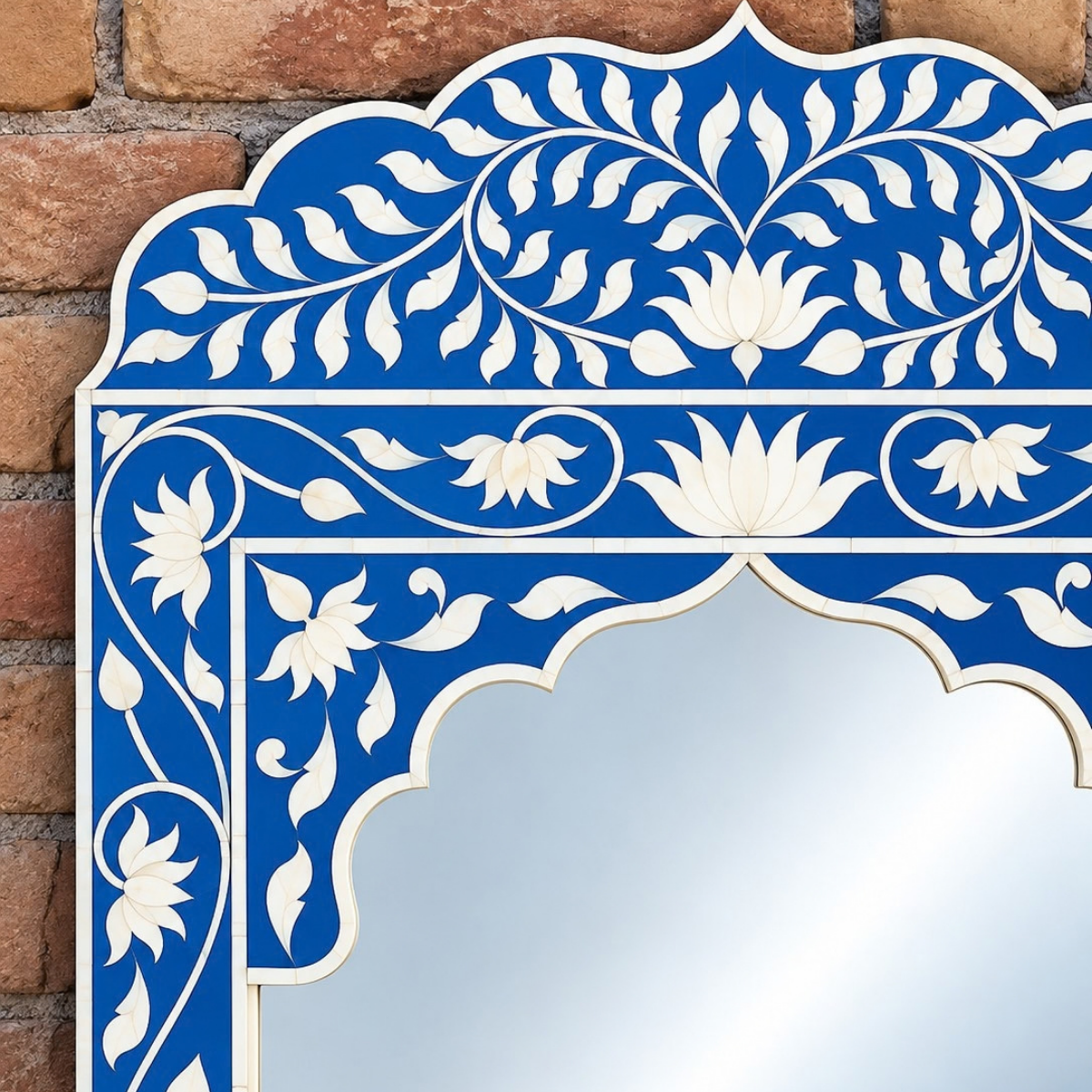 Handmade Blue Floral Bone Inlay Arch Mirror – Lotus Design Statement Wall Mirror