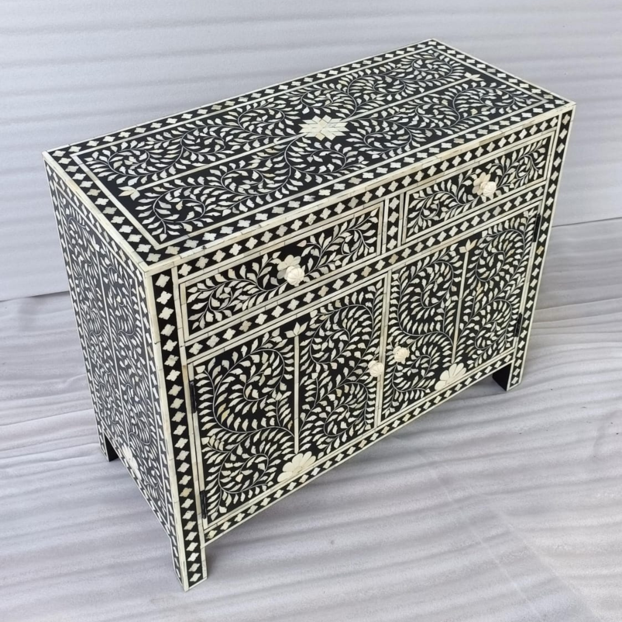 Handmade Black Floral Bone Inlay Sideboard Cabinet | Luxury Wooden Buffet Storage Cabinet