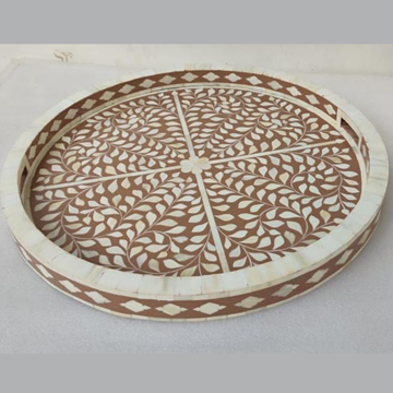 Handmade Brown & White Bone Inlay Round Serving Tray – Floral Vine Design