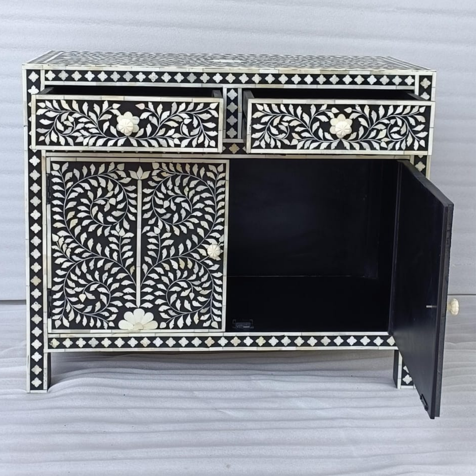 Handmade Black Floral Bone Inlay Sideboard Cabinet | Luxury Wooden Buffet Storage Cabinet