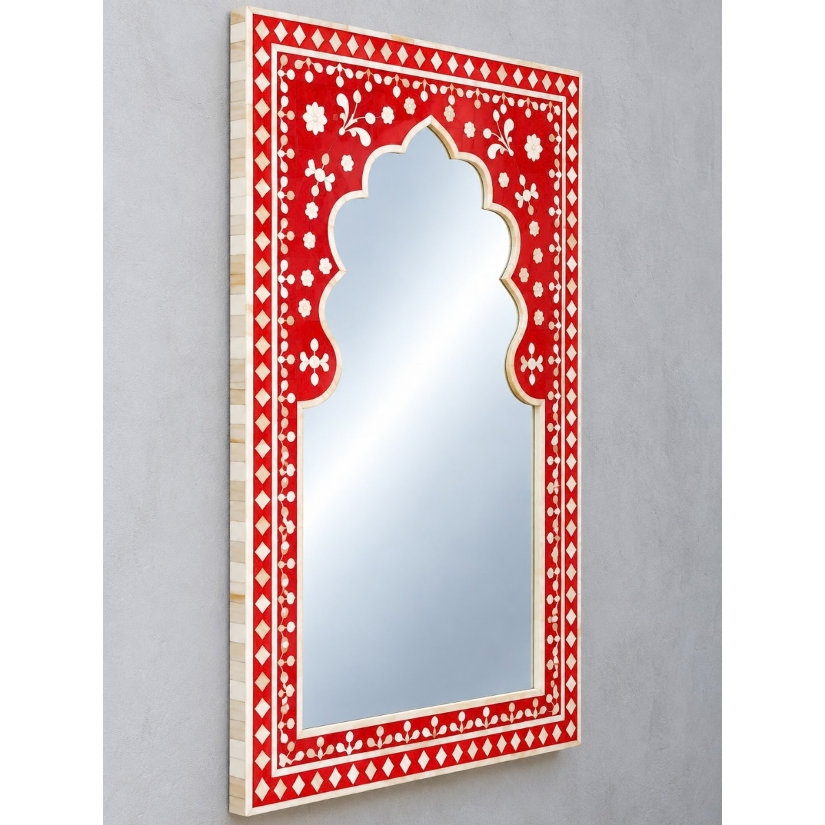 Handmade Red Floral Bone Inlay Arch Mirror – Mughal Style Statement Wall Mirror