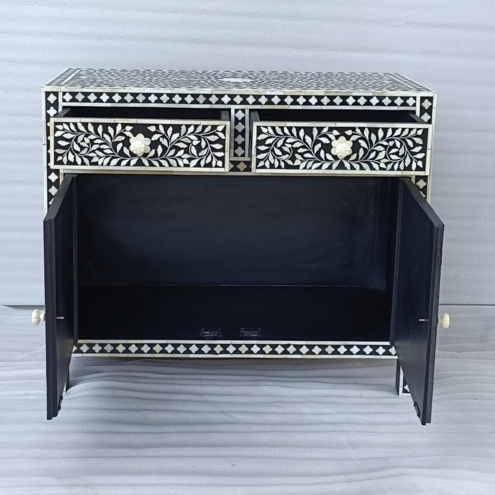Handmade Black Floral Bone Inlay Sideboard Cabinet | Luxury Wooden Buffet Storage Cabinet