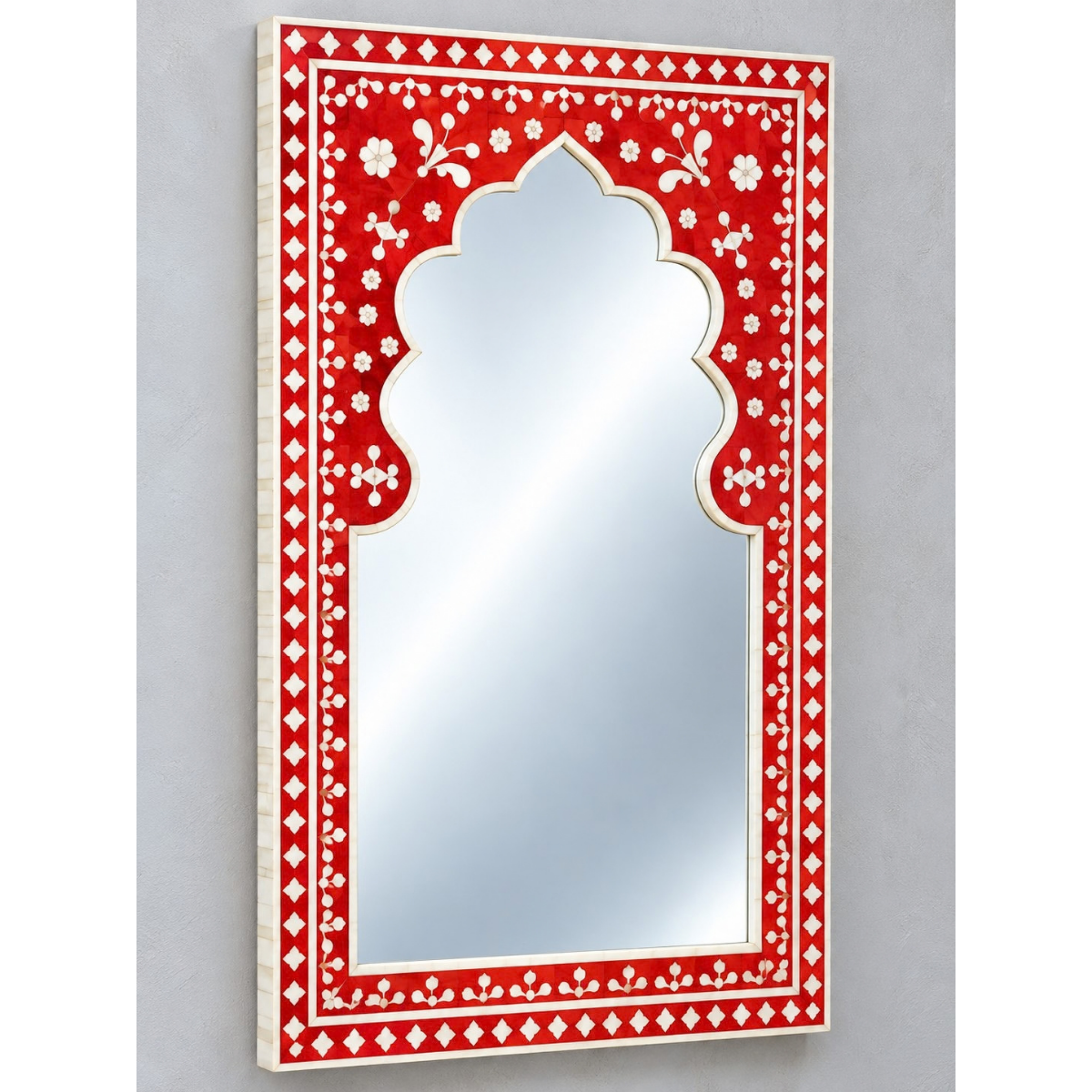 Handmade Red Floral Bone Inlay Arch Mirror – Mughal Style Statement Wall Mirror