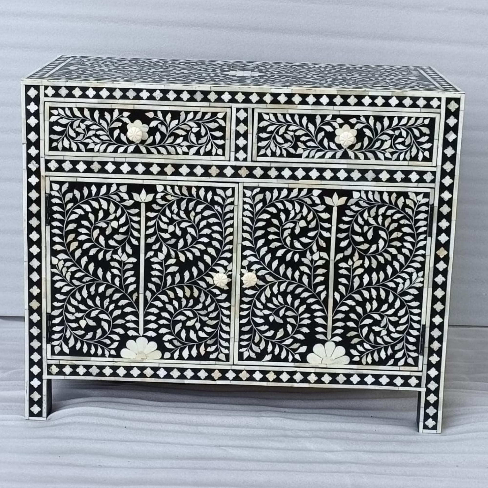 Handmade Black Floral Bone Inlay Sideboard Cabinet | Luxury Wooden Buffet Storage Cabinet