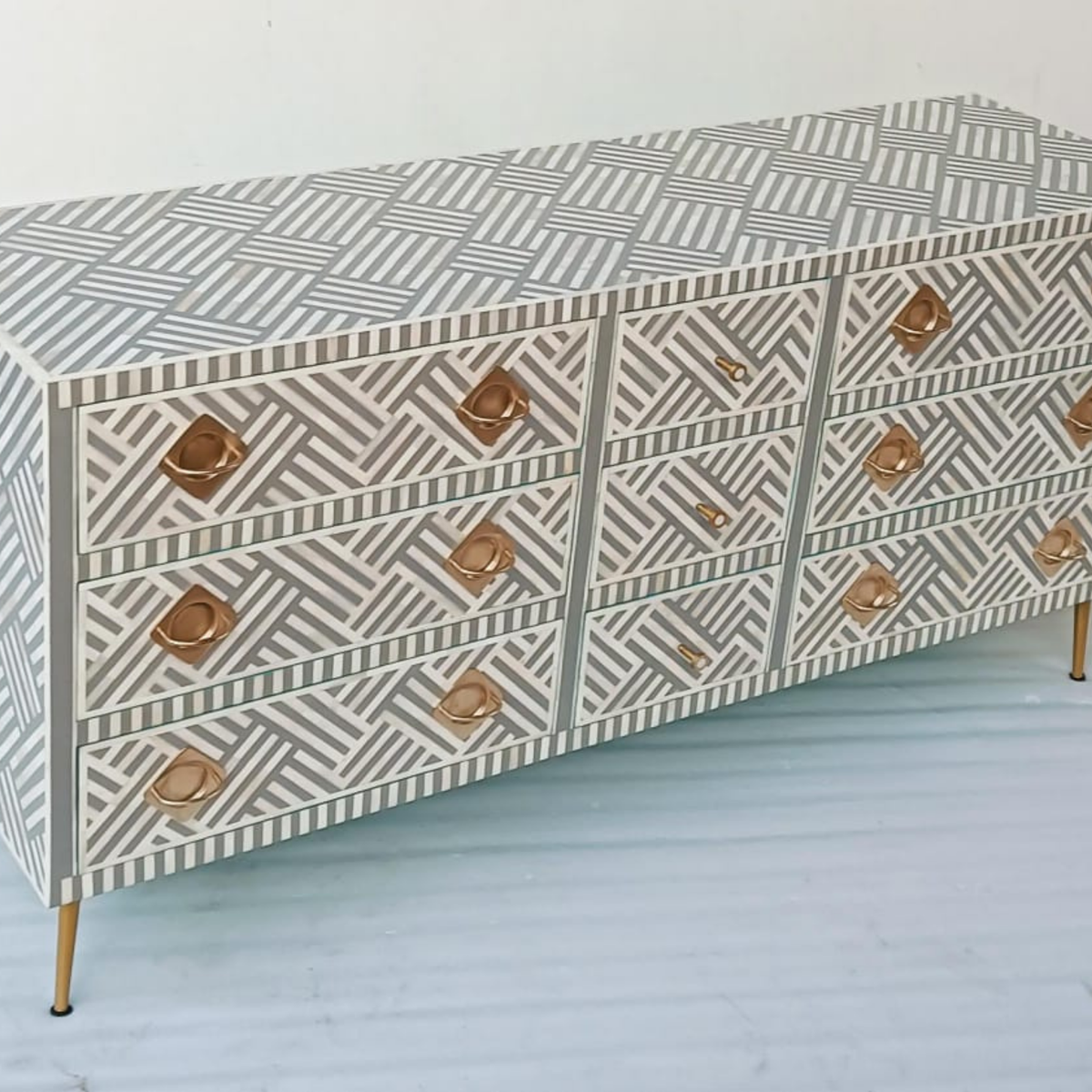 Handmade Grey & White Bone Inlay Dresser – Geometric 9 Drawer Chest with Brass Handles