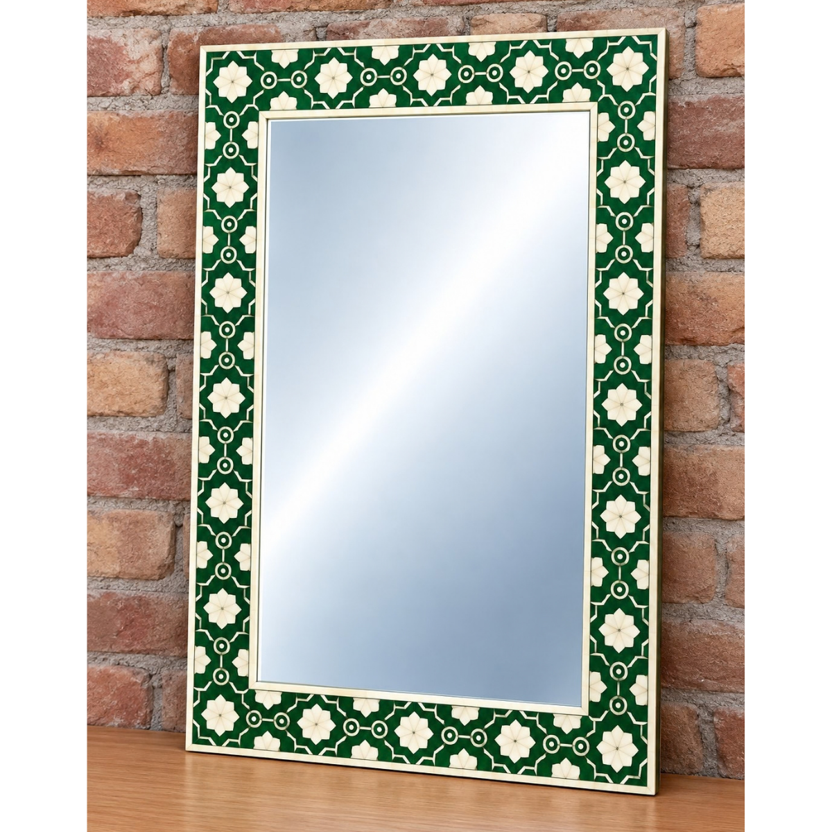 Handmade Green Bone Inlay Mirror – Floral Geometric Statement Wall Mirror
