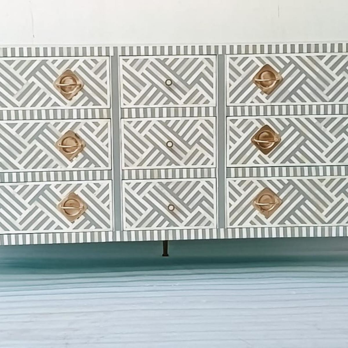 Handmade Grey & White Bone Inlay Dresser – Geometric 9 Drawer Chest with Brass Handles