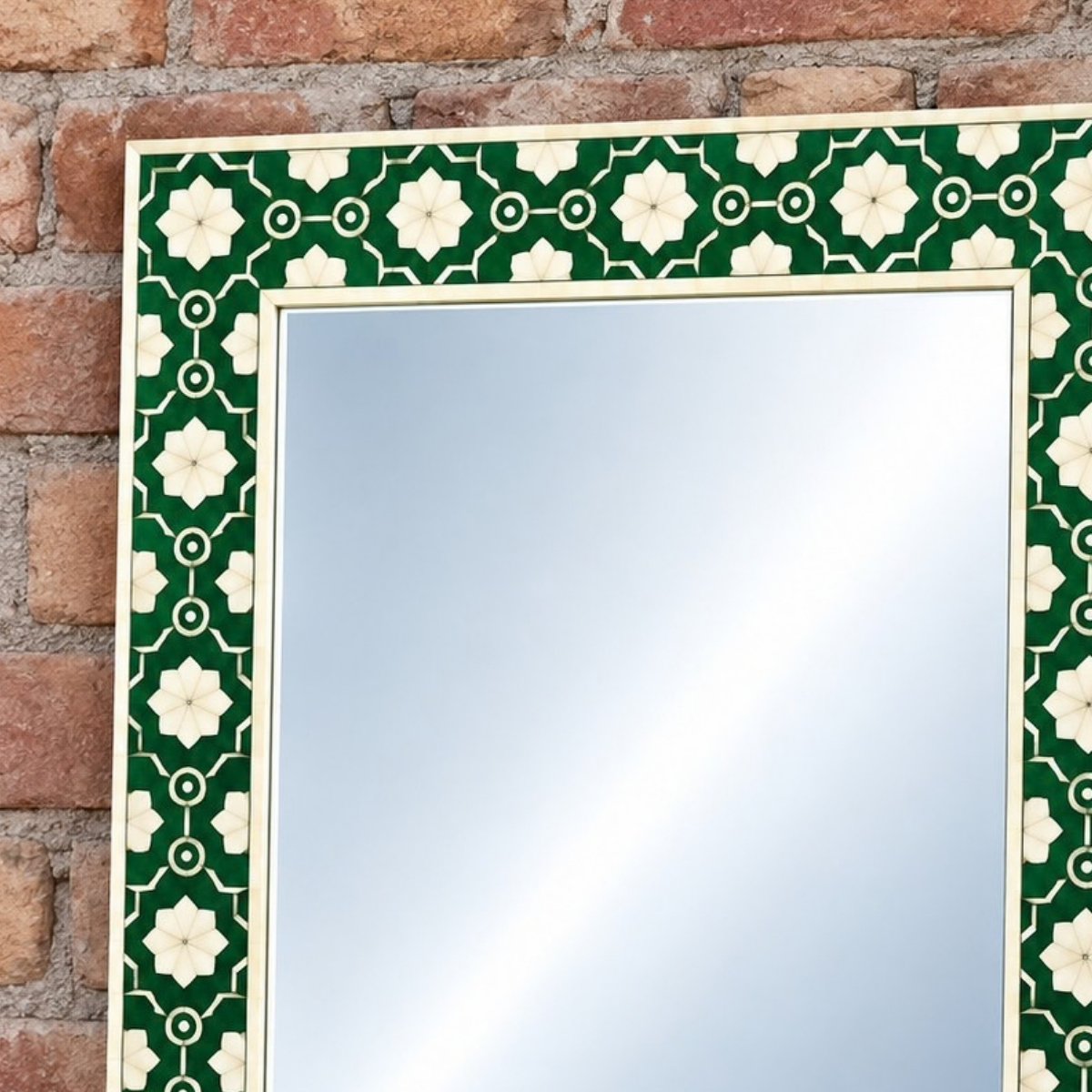 Handmade Green Bone Inlay Mirror – Floral Geometric Statement Wall Mirror