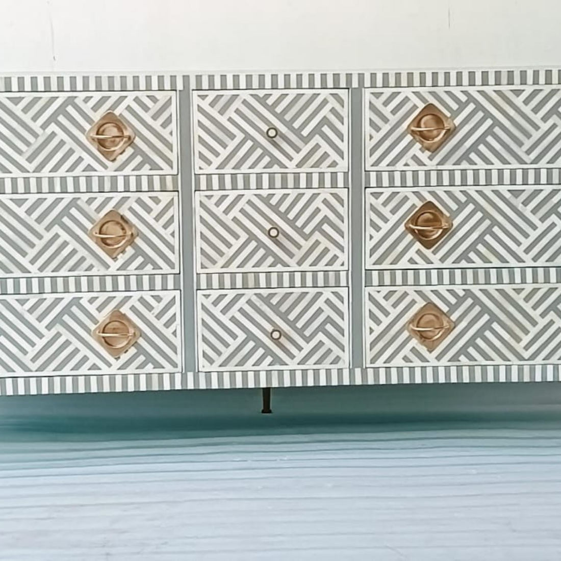 Gray & White Geometric Bone Inlay Sideboard Cabinet | 9 Drawer Storage Console