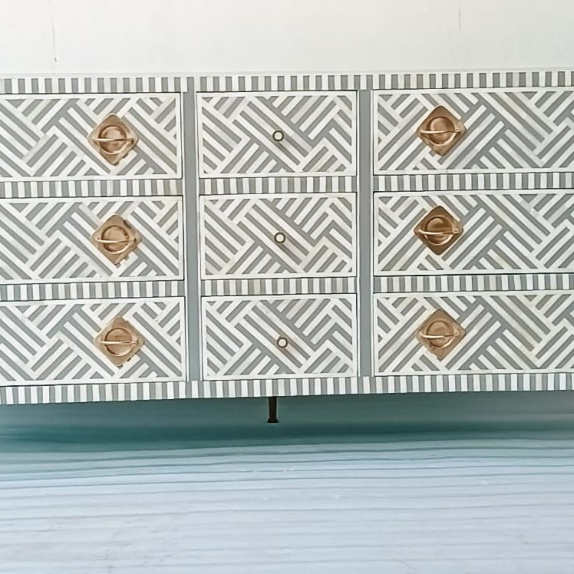 Gray & White Geometric Bone Inlay Sideboard Cabinet | 9 Drawer Storage Console