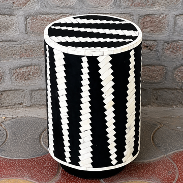 Handmade Black and White Bone Inlay Drum Side Table | Geometric Accent Stool