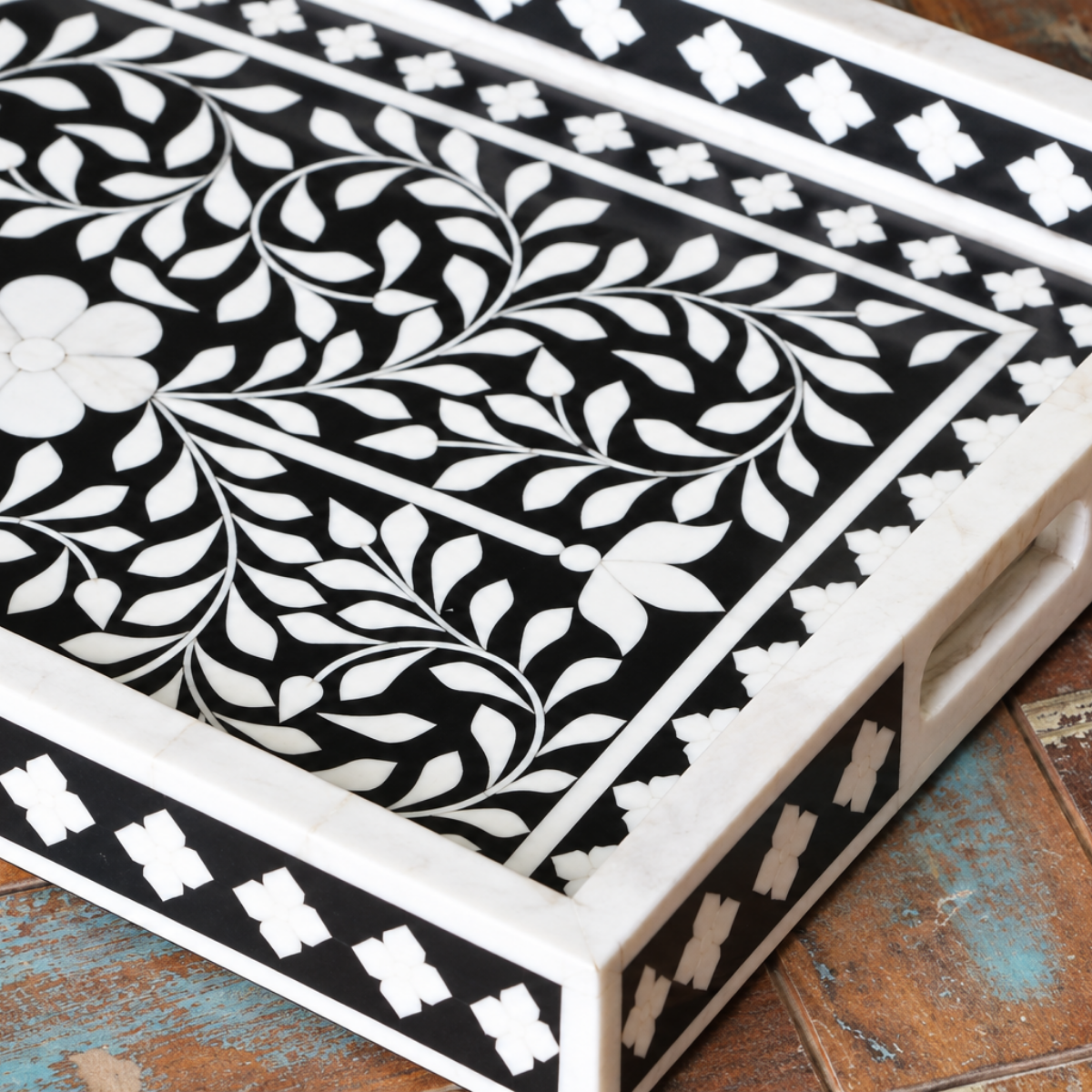 Handmade Black & White Bone Inlay Serving Tray – Floral Design with Handles