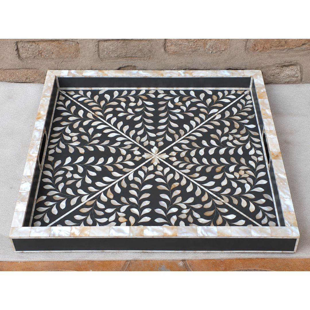Black Mother of Pearl Inlay Serving Tray – Handmade Floral Rectangular Tray with Handles