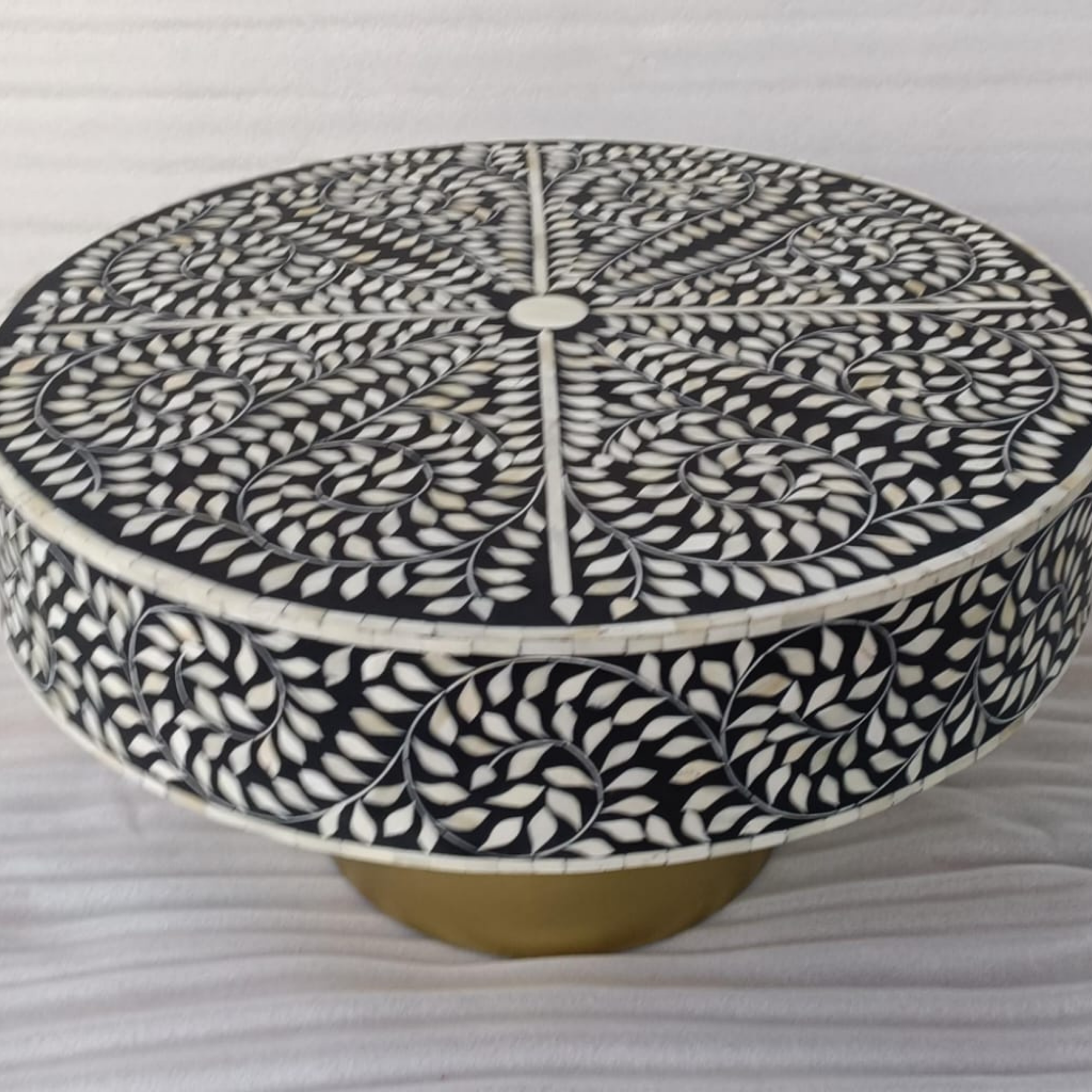 Black Floral Bone Inlay Round Coffee Table | Handmade Luxury Center Table
